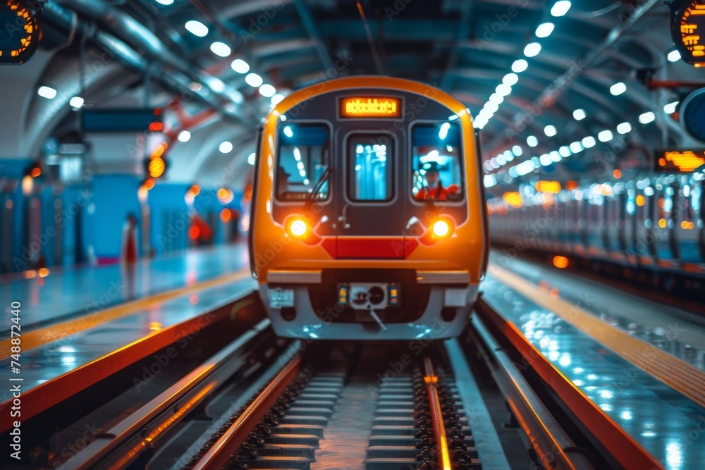 Poster dynamic image showcasing a shiny subway train pulling into a brightly lit, modern station with motio