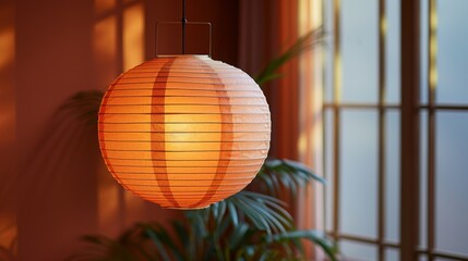 Illuminated paper lantern hanging in the living room, represents the illuminating spirit of hope and joy of Lunar New Year celebrations. Generative ai