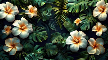 Seamless pattern with artificial tropical leaves and flowers on dark background.