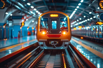 Dynamic image showcasing a shiny subway train pulling into a brightly lit, modern station with motion blur effect - Powered by Adobe