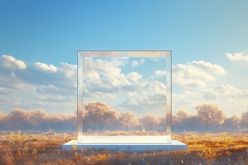 Glass cube podium mockup set against stunning autumn landscape backdrop