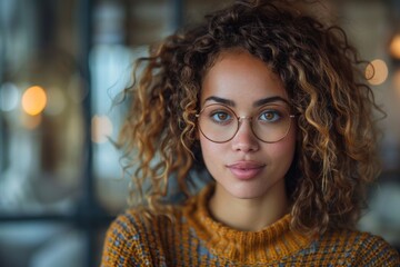 A portrait of a young, curly-haired woman wearing round glasses, giving a soft smile in an indoor setting