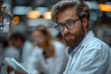 Fototapeta premium Serious male researcher with eyeglasses carefully analyzing papers in a laboratory