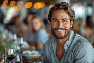 Charming man with a beard smiles at a table with friends in a restaurant
