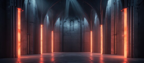 A mysterious dark hallway is illuminated by a vibrant red neon light, creating a chilling atmosphere. The light casts eerie shadows and highlights details of the abstract concrete gothic interior.