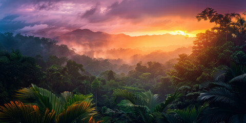 A surreal view of the sun rising over a dense tropical forest with misty layers and vibrant colors in the sky