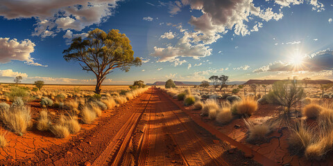 Expansive Australian outback landscape with a long dirt road leading into a breathtaking sunset and dynamic sky