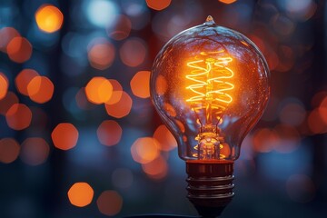A vintage-inspired filament light bulb glows warmly against a defocused background of orange bokeh lights, conveying creativity and inspiration - obrazy, fototapety, plakaty