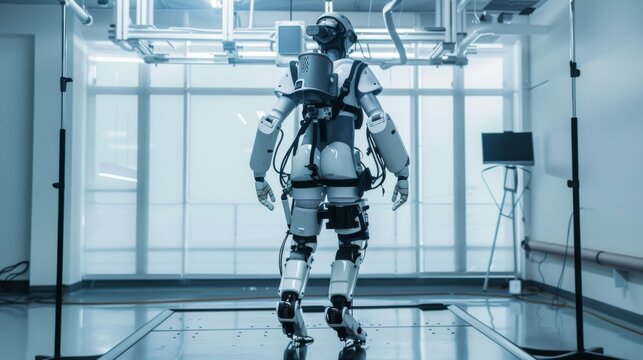 Rear view of a humanoid robot undergoing testing and calibration in a controlled laboratory setting with technical equipment.