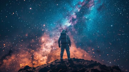 An astronaut is strolling around the planet, gazing up at the starry sky  - obrazy, fototapety, plakaty