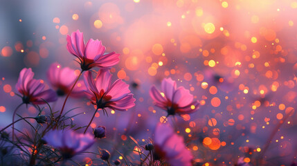 Field of wild flowers, mystical foggy morning, pink light