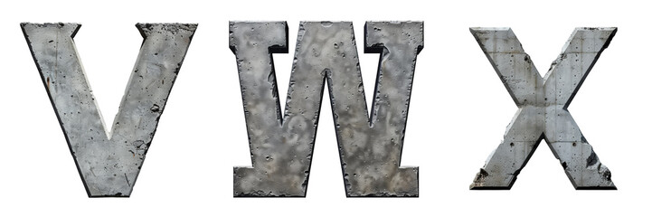 Concrete Letters V, W, X Isolated on Transparent or White Background, PNG