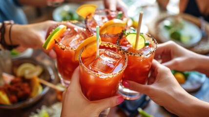 group of friends raising their glasses filled with Micheladas, sharing laughter and camaraderie over these delightful Mexican drinks