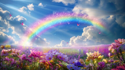 Obraz na płótnie Canvas Full Rainbow Arc over Sunlit Flower Meadow at Sunrise