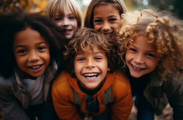Obraz premium Happy African American boy and girl kids group playing in the playground in school. Children friendship and education concept.