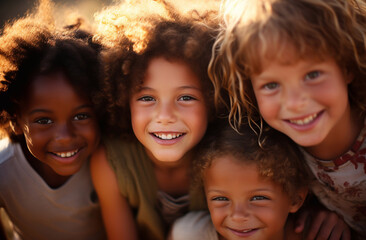 Obraz premium Happy African American boy and girl kids group playing in the playground in school. Children friendship and education concept.