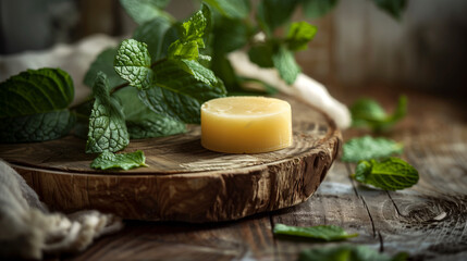 Obraz na płótnie Canvas Natural Beeswax Balm on Wooden Surface with Fresh Mint