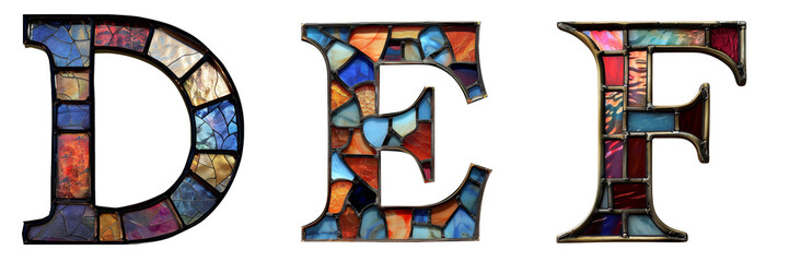 Stained Glass Letters DEF Isolated on Transparent or White Background, PNG