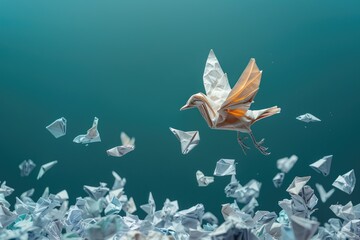 group of crumpled papers with one different paper transforming into an origami bird in flight. ai generated - obrazy, fototapety, plakaty