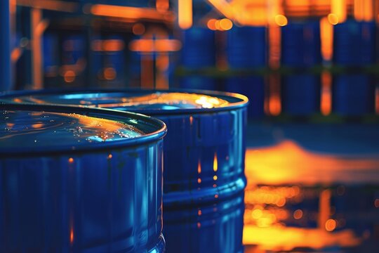 Close-up of blue industrial barrels in a warehouse with a glowing ambiance.