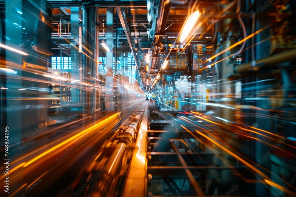 Poster blurred motion of an automated factory line.