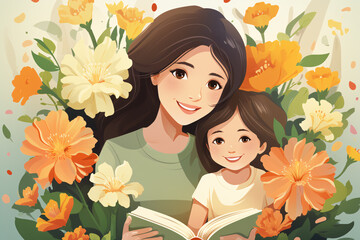 A heartwarming illustration of a mother and child sharing a book, enveloped by a lush, vibrant floral background. Generative AI.