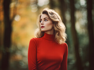 Portrait of stylish woman in red jumper posing in autumn forest background. Autumn elegance. Woman fashion model in nature. Young lady poses amidst autumn foliage. Fall Fashion Trends. Generative AI.