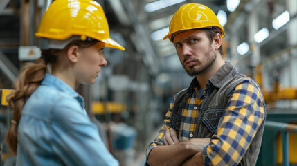A male and a female worker in a tense moment, showing a disagreement or a challenge at a construction site - obrazy, fototapety, plakaty