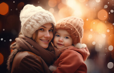 Obraz premium mother and daughter in brown fur coats hug during a walk through the winter forest. lots of snow around. bright emotion.
