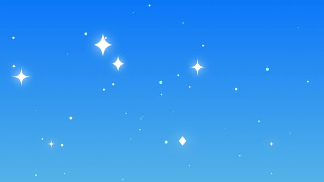 Twinkling glowing white stars illustration cartoon on blue sky background looping animation. Doodles style stars blinking, glitter.