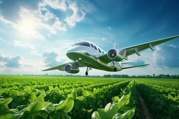 Sustainable aviation fuel concept. Net zero emissions flight. Sustainability transportation. Eco-friendly aviation fuel. Commercial airplane use biofuel energy flying above soybean farm. Generative AI