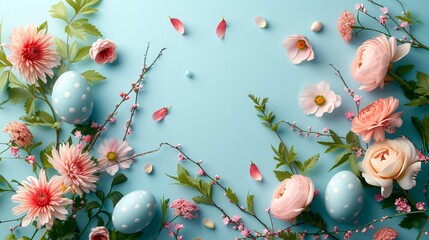 a blue background with pink flowers and eggs - Powered by Adobe