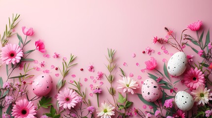 pink eggs and flowers on a pink background - Powered by Adobe