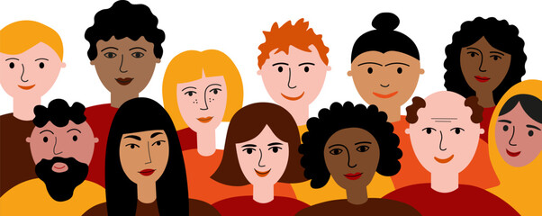Multicultural different race people background for text hand drawn flat vector illustration other nationalities and cultures characters, skin. Social network friendship community we are all different - obrazy, fototapety, plakaty