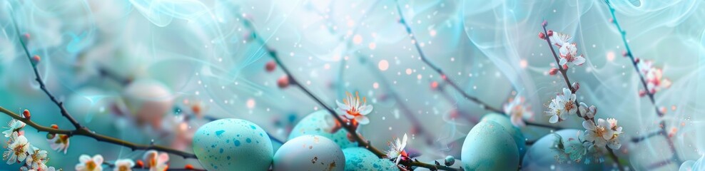 colorful easter background with eggs and flowers. easter basket with colorful eggs
