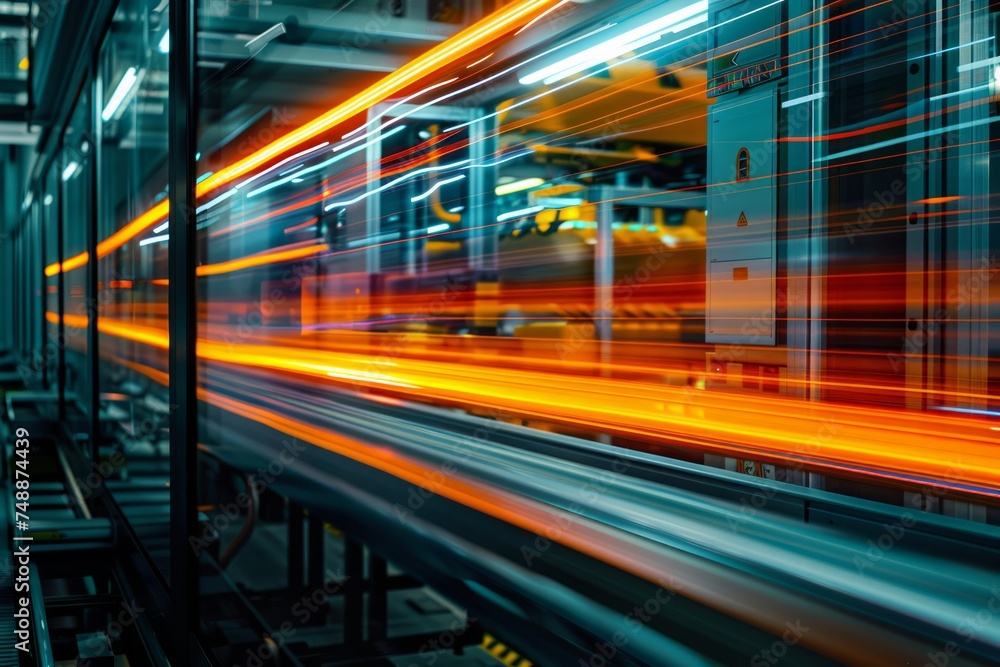 Poster blurred motion of an automated factory line.