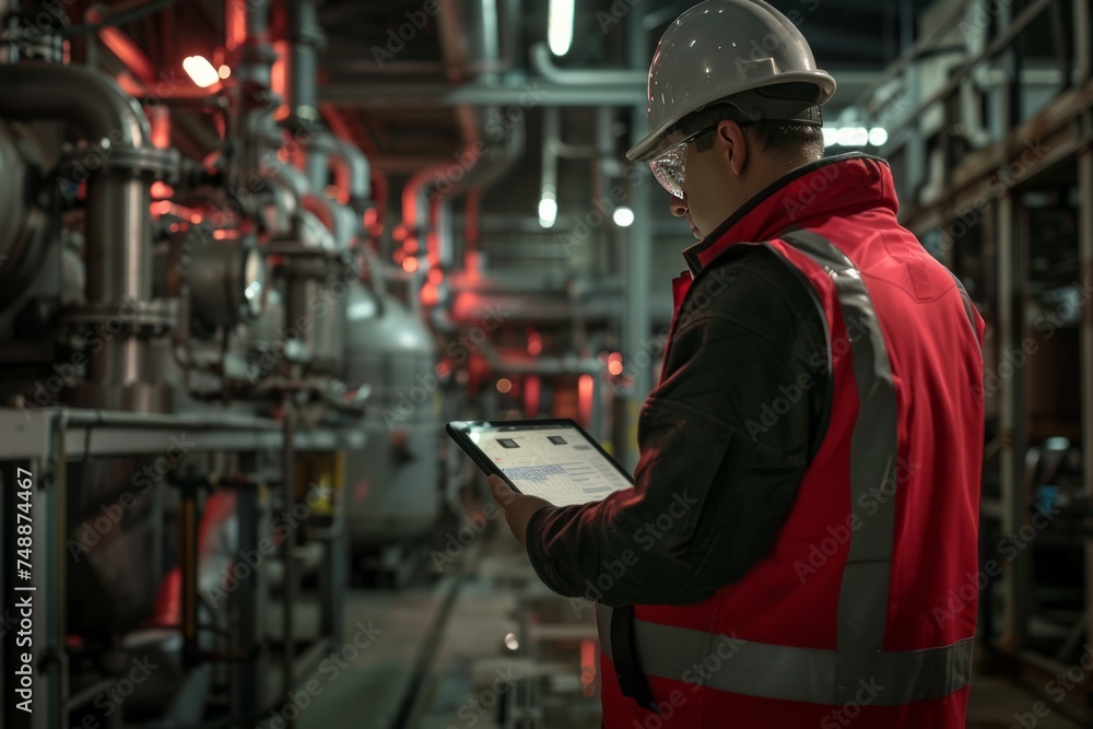 Poster worker with a tablet monitoring machinery in a factory.
