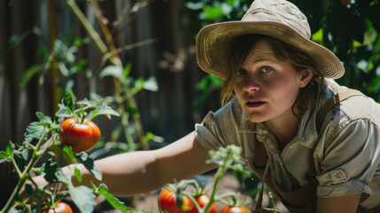 Young female farmer picking home-grown tomatoes