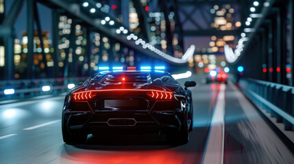 Fototapeta na wymiar Futuristic Police Car Patrolling City Bridge at Night