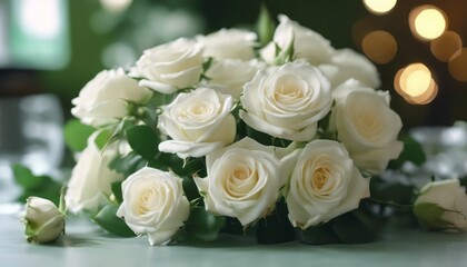 beautiful bouquet of bright white rose flowers, on table with green background