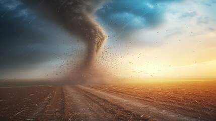 A huge tornado over an agricultural field. Disaster and threat of crop loss. Global climate change. The destructive dance of a tornado on fertile land.