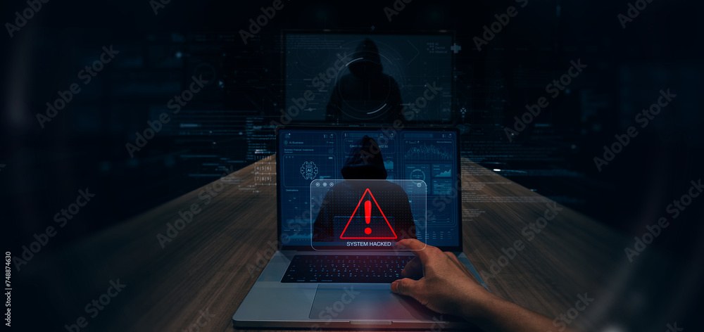 Poster AI powered  System hacked alert after cyber attack on computer network compromised information concept. hand using latop computer internet virus cyber security and cybercrim.