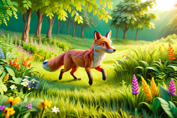 Fototapeta premium A fox runs through the colorful lush spring green grass - Clay