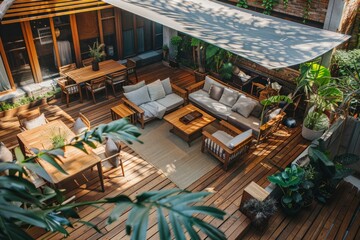 Sunny terrace with a retractable awning, stylish outdoor furniture, and plants.
