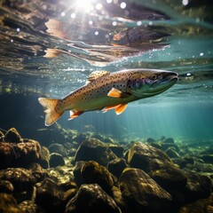 Graceful trout navigating the clear waters of a freshwater river - obrazy, fototapety, plakaty