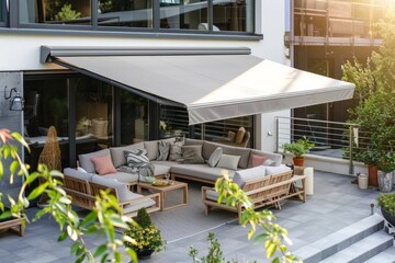 Sunny terrace with a retractable awning, stylish outdoor furniture, and plants.
