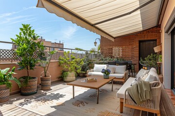 Fototapeta premium Sunny terrace with a retractable awning, stylish outdoor furniture, and plants.