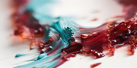 An abstract blur of garnet and turquoise colors with a grainy texture on a white background