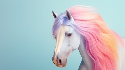 A beautiful horse with a mane in rainbow colors.