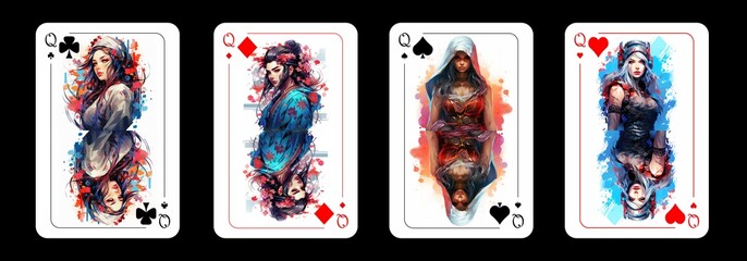 Set of card queens of different suits, depicting queens of different cultures, isolated on black